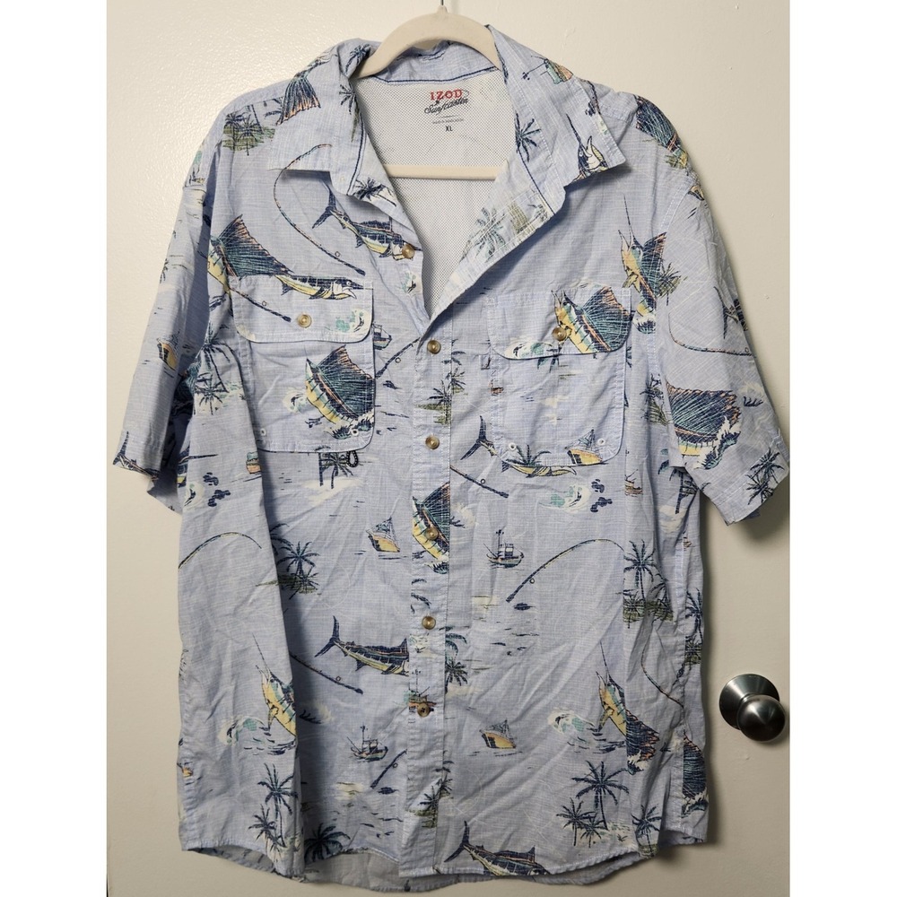 Izod Saltwater Men's Sailfish Blue Short Sleeve‎ Fishing Shirt Button Front XL